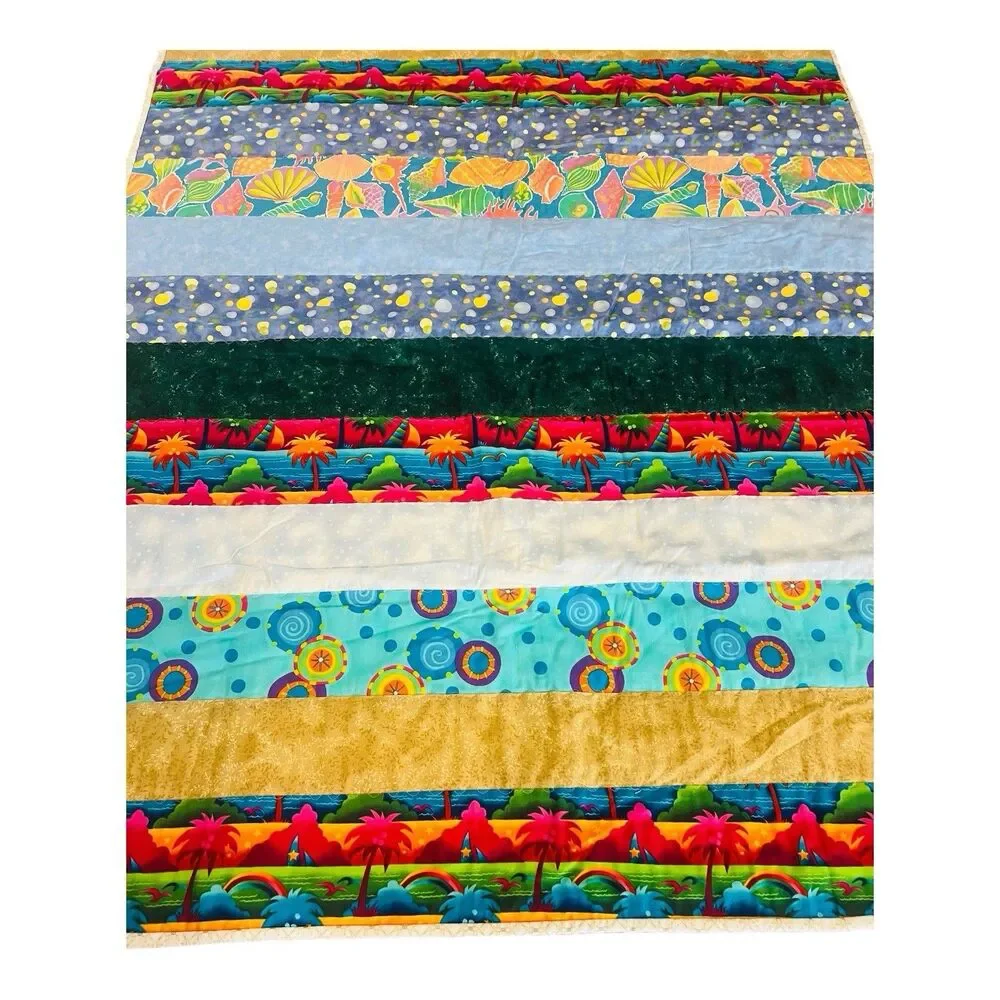 Handmade Patchwork Strip Quilt 40x51 Tropical Palm Trees Seashells Colorful
